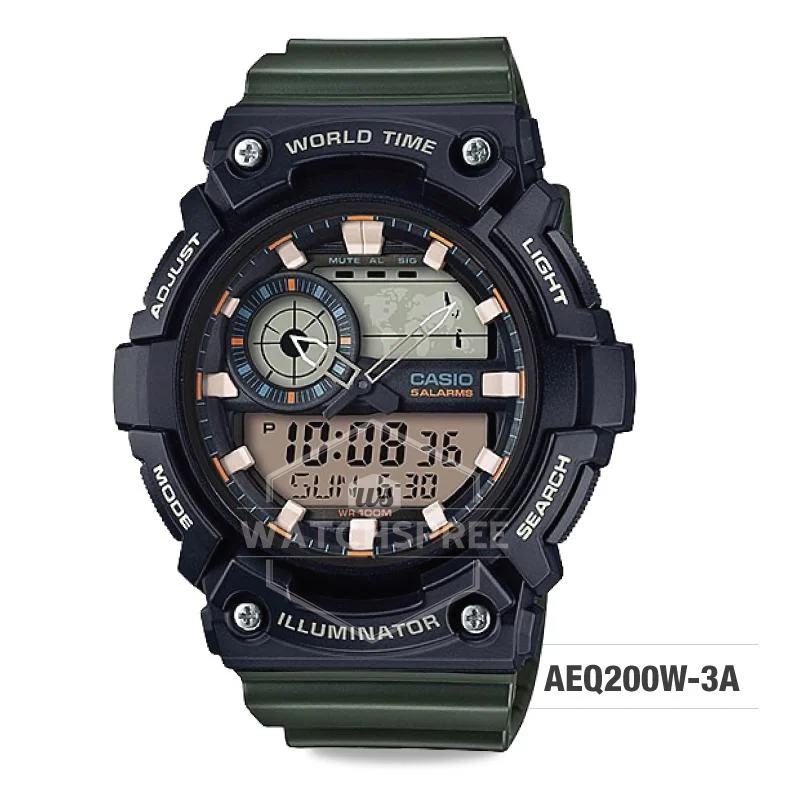 Casio Men's Standard Digital Analog Olive Green Resin Band Watch AEQ200W-3A AEQ-200W-3A