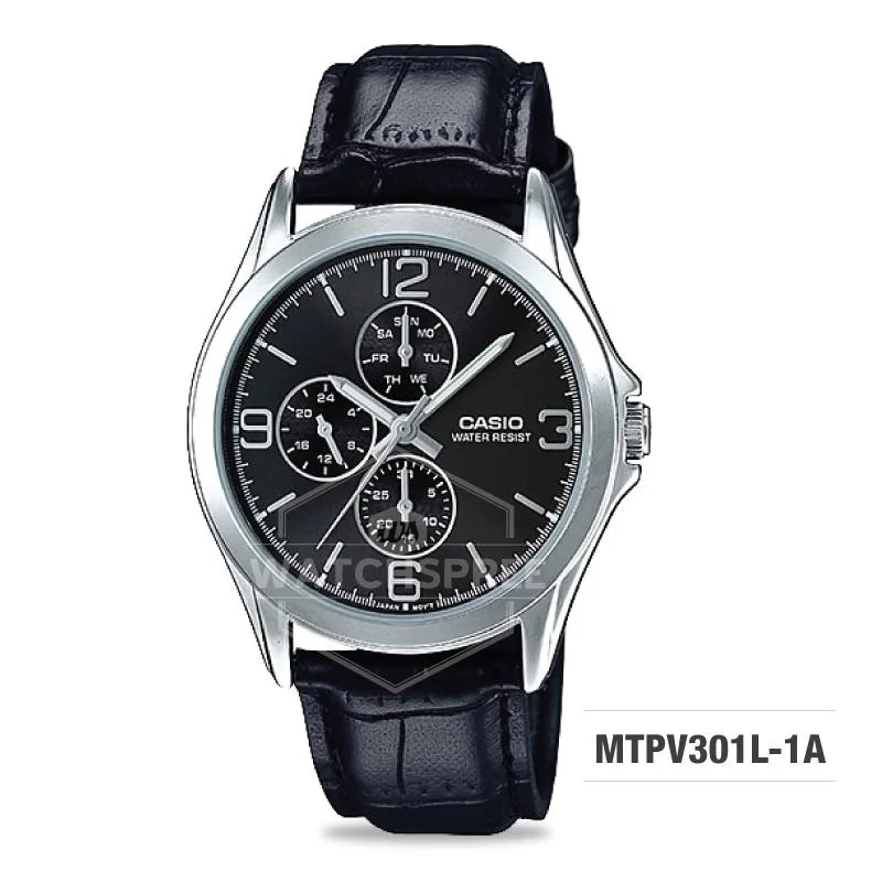 Casio Men's Standard Analog Black Leather Strap Watch MTPV301L-1A