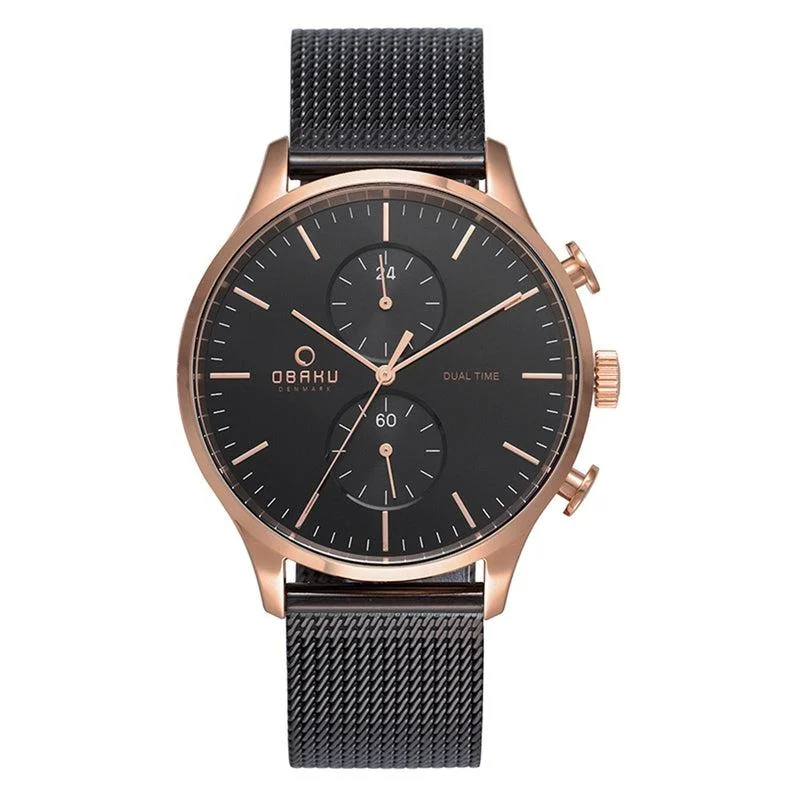 Obaku Gran-Night Rg Dual Time Black Mesh Watch V196GUVBMB