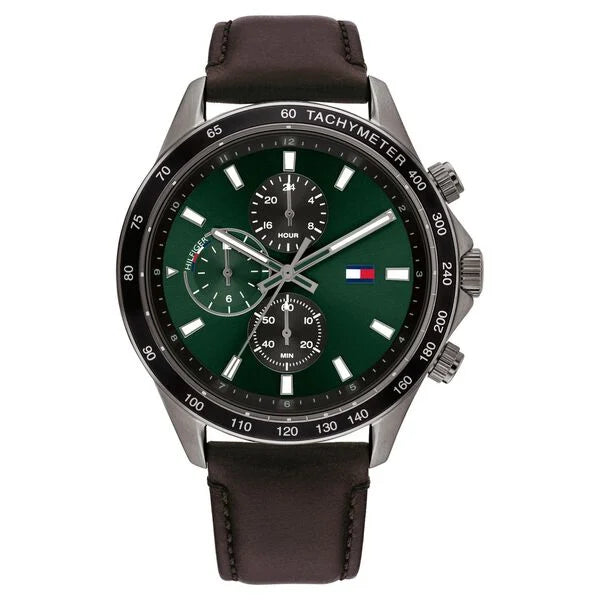 Tommy Hilfiger Quartz Multifunction Green Dial Leather Strap Watch for Men th1792017