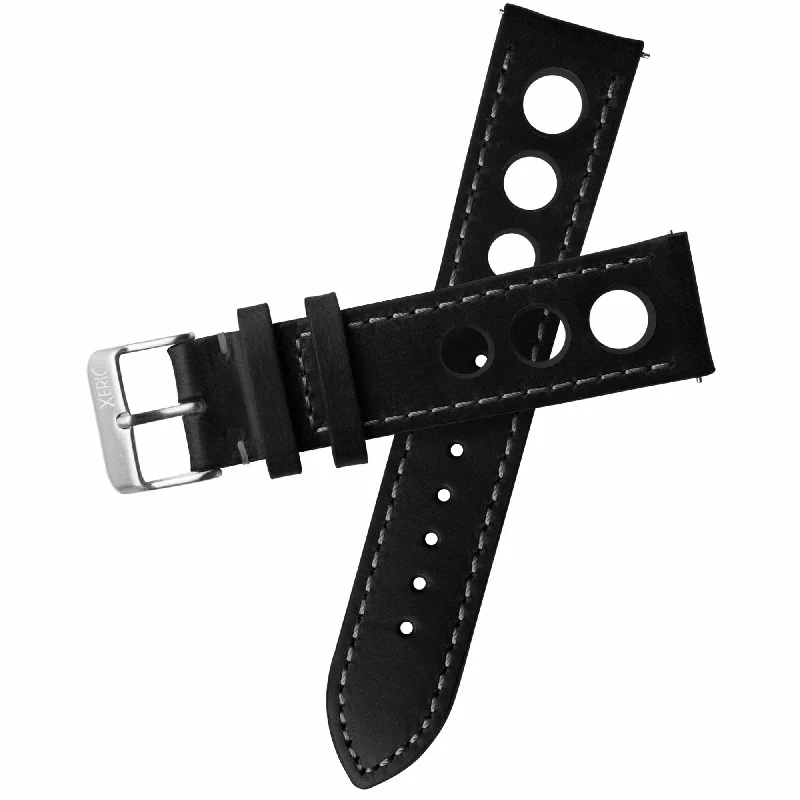 Xeric 22mm Horween Leather Rally Black Charcoal Strap Silver Buckle