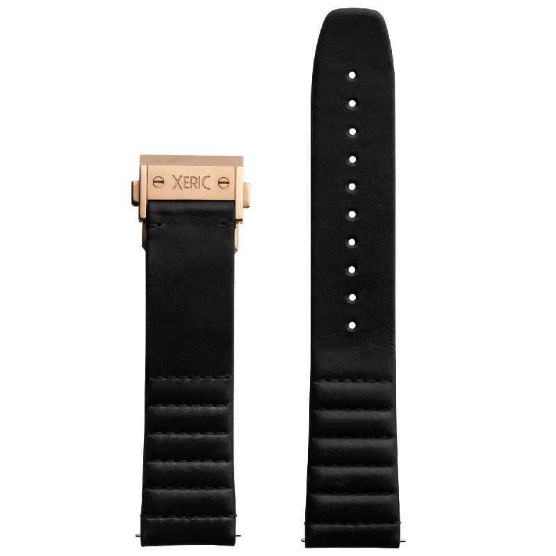 Xeric 22mm Ribbed Horween Leather Black Strap with Rose Gold Deployant Clasp